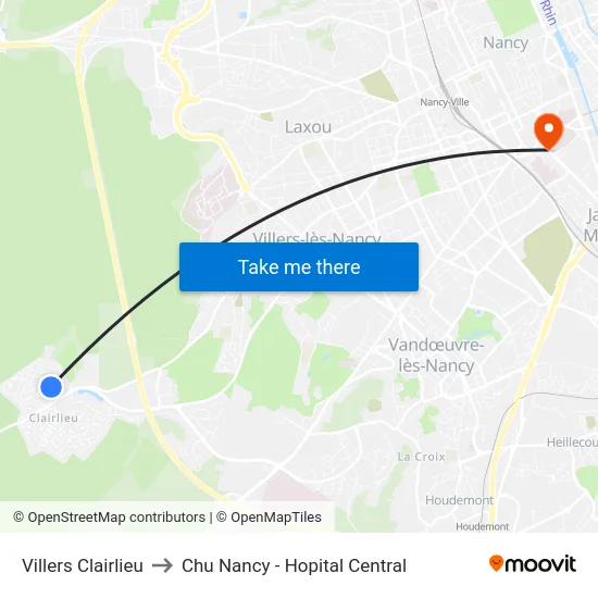 Villers Clairlieu to Chu Nancy - Hopital Central map