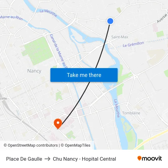 Place De Gaulle to Chu Nancy - Hopital Central map