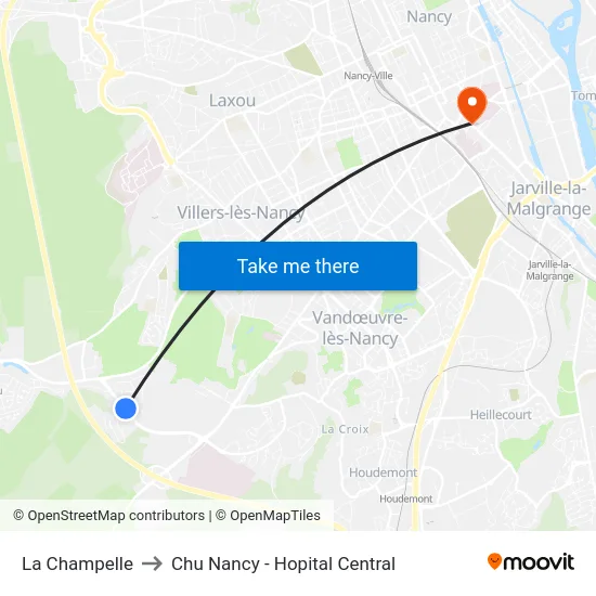 La Champelle to Chu Nancy - Hopital Central map
