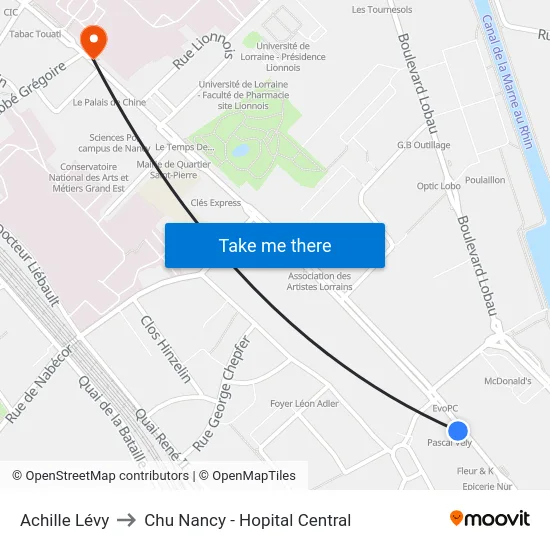Achille Lévy to Chu Nancy - Hopital Central map