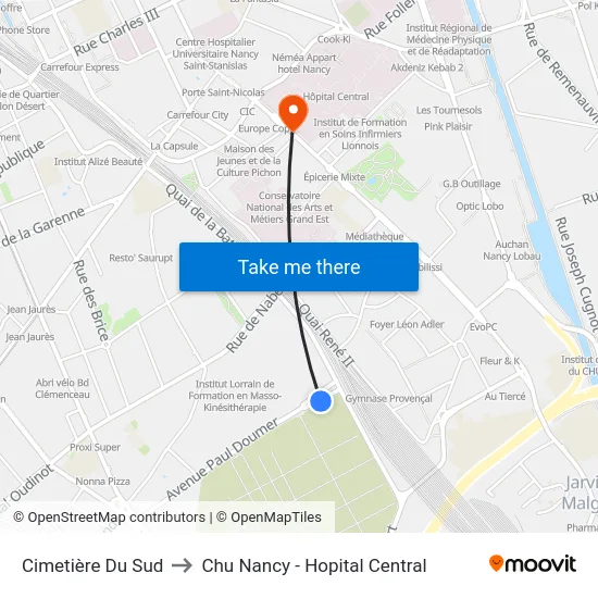 Cimetière Du Sud to Chu Nancy - Hopital Central map