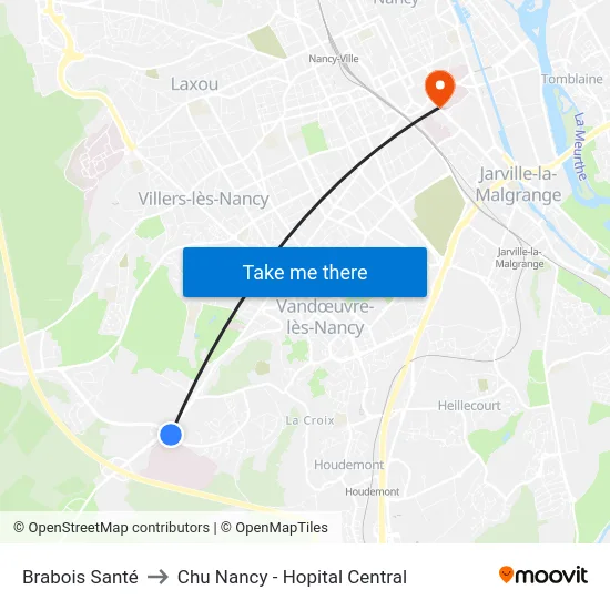 Brabois Santé to Chu Nancy - Hopital Central map