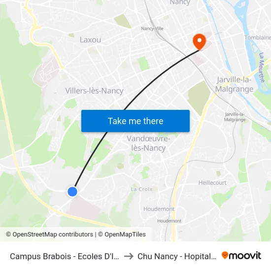Campus Brabois - Ecoles D'Ingénieurs to Chu Nancy - Hopital Central map