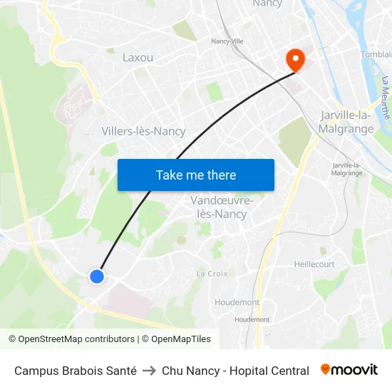 Campus Brabois Santé to Chu Nancy - Hopital Central map