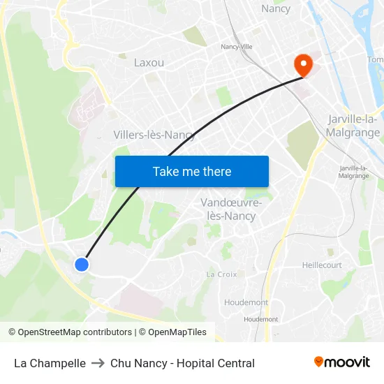 La Champelle to Chu Nancy - Hopital Central map