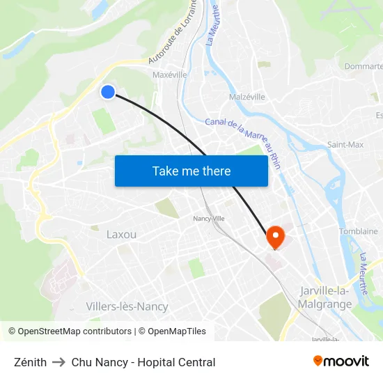 Zénith to Chu Nancy - Hopital Central map