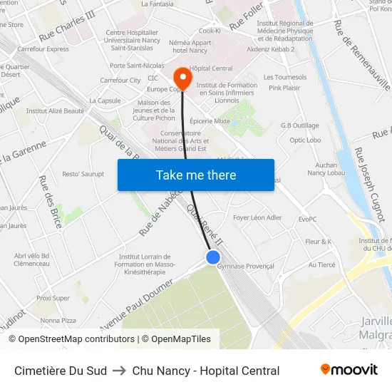 Cimetière Du Sud to Chu Nancy - Hopital Central map