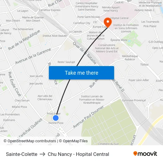 Sainte-Colette to Chu Nancy - Hopital Central map