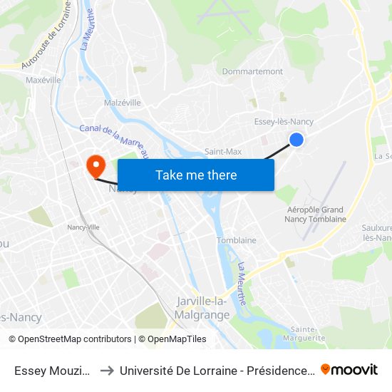 Essey Mouzimpré to Université De Lorraine - Présidence Léopold map