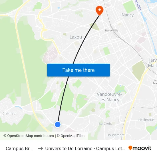 Campus Brabois Santé to Université De Lorraine - Campus Lettres Et Sciences Humaines map