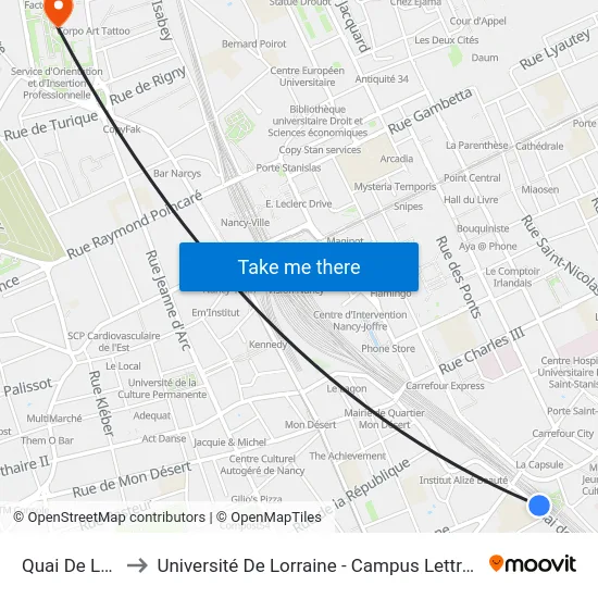 Quai De La Bataille to Université De Lorraine - Campus Lettres Et Sciences Humaines map