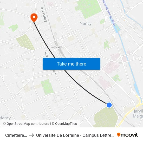 Cimetière Du Sud to Université De Lorraine - Campus Lettres Et Sciences Humaines map