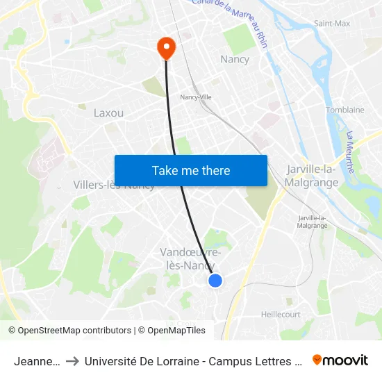 Jeanne D'Arc to Université De Lorraine - Campus Lettres Et Sciences Humaines map