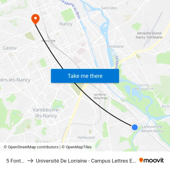 5 Fontaines to Université De Lorraine - Campus Lettres Et Sciences Humaines map
