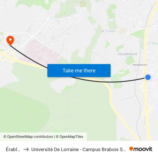 Érables to Université De Lorraine - Campus Brabois Santé map