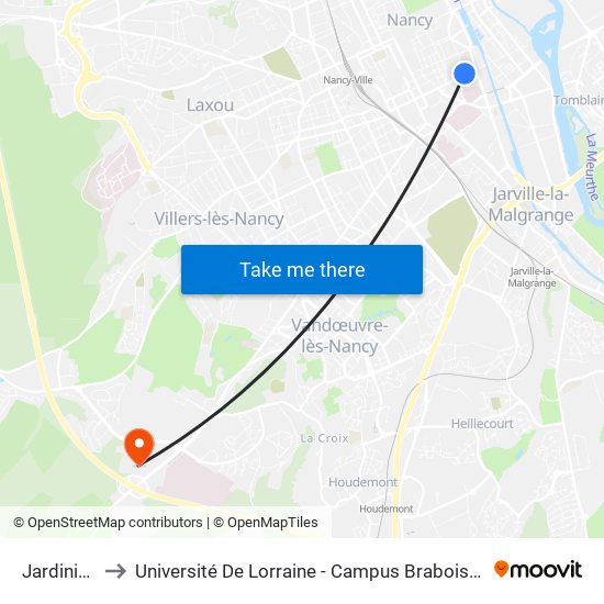 Jardiniers to Université De Lorraine - Campus Brabois Santé map