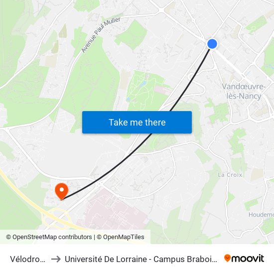 Vélodrome to Université De Lorraine - Campus Brabois Santé map