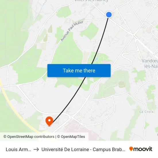 Louis Armand to Université De Lorraine - Campus Brabois Santé map