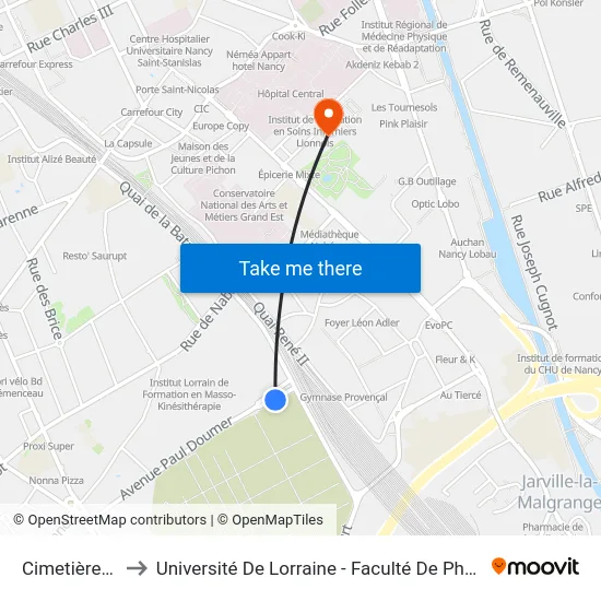 Cimetière Du Sud to Université De Lorraine - Faculté De Pharmacie Site Lionnois map