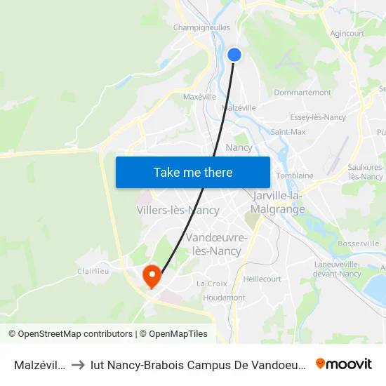 Malzéville to Iut Nancy-Brabois Campus De Vandoeuvre map
