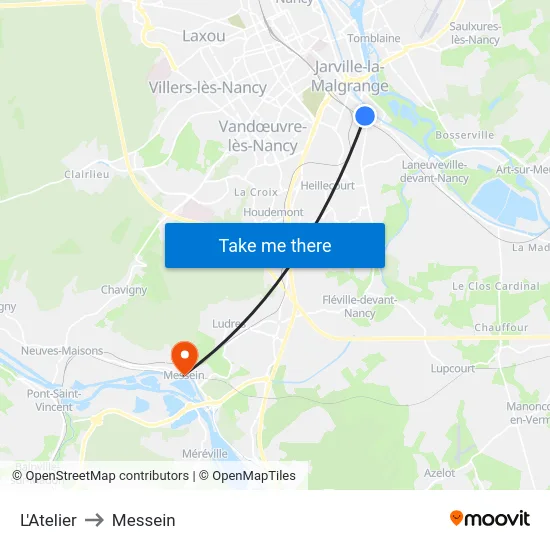 L'Atelier to Messein map