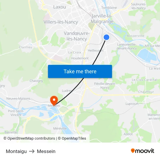 Montaigu to Messein map