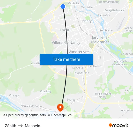 Zénith to Messein map