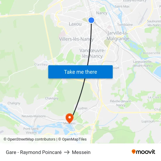 Gare - Raymond Poincaré to Messein map