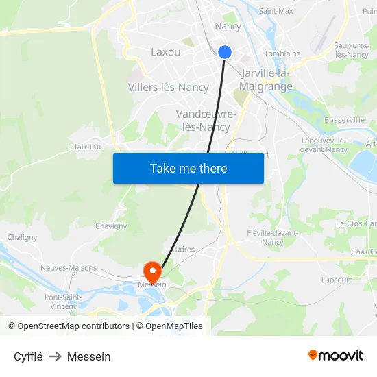 Cyfflé to Messein map