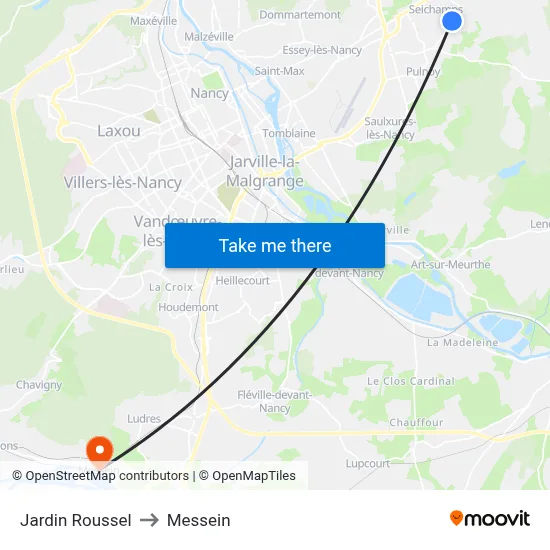 Jardin Roussel to Messein map