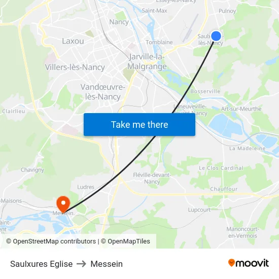 Saulxures Eglise to Messein map