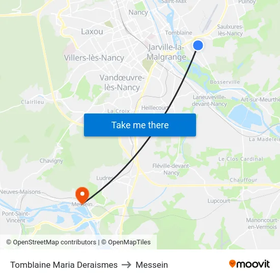 Tomblaine Maria Deraismes to Messein map