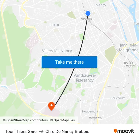 Tour Thiers Gare to Chru De Nancy Brabois map