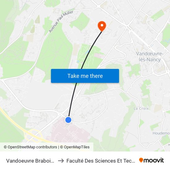 Vandoeuvre Brabois Santé to Faculté Des Sciences Et Technologies map