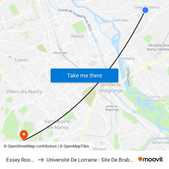 Essey Roosevelt to Université De Lorraine - Site De Brabois - Roubault map