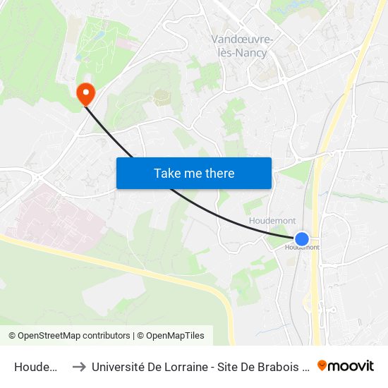 Houdemont to Université De Lorraine - Site De Brabois - Roubault map