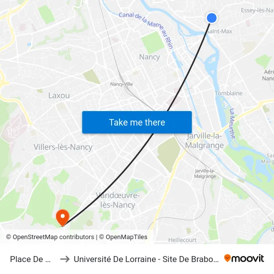 Place De Gaulle to Université De Lorraine - Site De Brabois - Roubault map