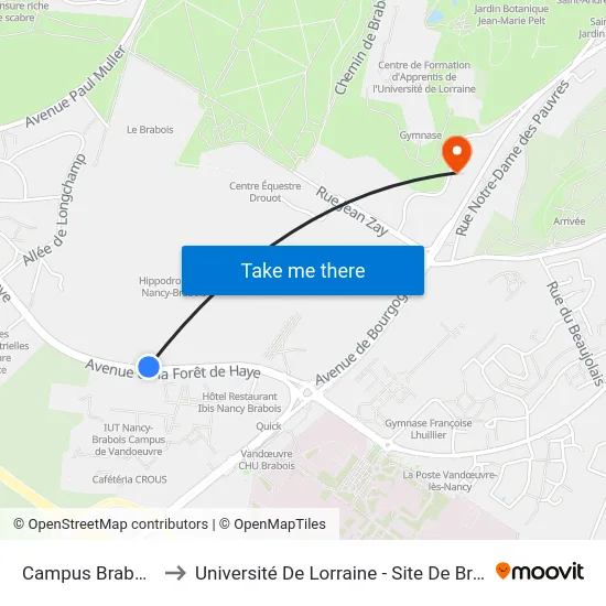 Campus Brabois Santé to Université De Lorraine - Site De Brabois - Roubault map