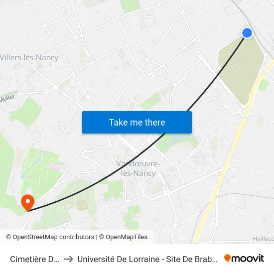Cimetière Du Sud to Université De Lorraine - Site De Brabois - Roubault map