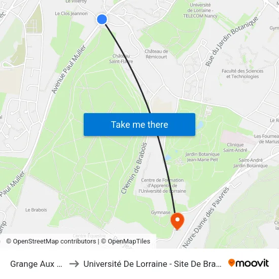 Grange Aux Moines to Université De Lorraine - Site De Brabois - Roubault map