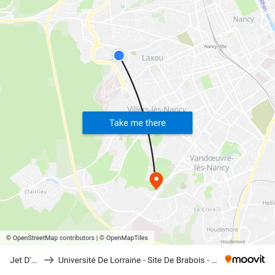 Jet D'Eau to Université De Lorraine - Site De Brabois - Roubault map