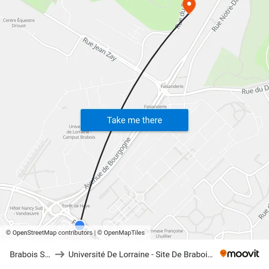 Brabois Santé to Université De Lorraine - Site De Brabois - Roubault map