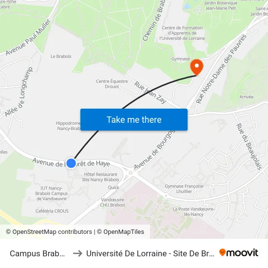 Campus Brabois Santé to Université De Lorraine - Site De Brabois - Roubault map