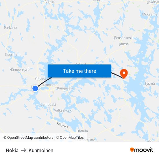 Nokia to Kuhmoinen map