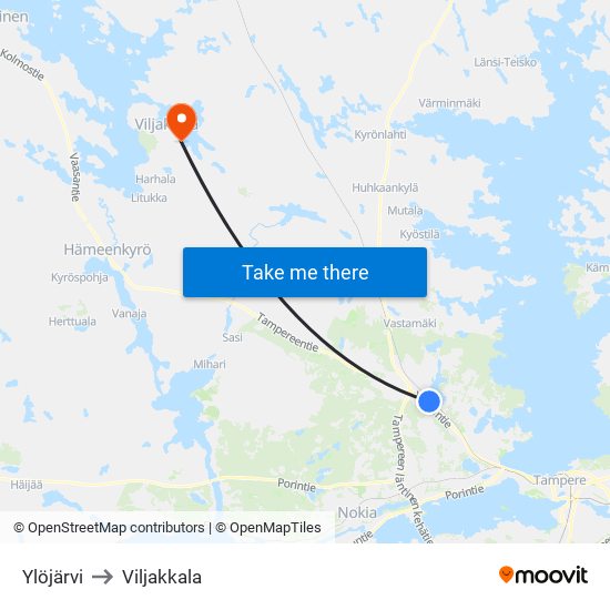 Ylöjärvi to Viljakkala map