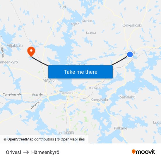 Orivesi to Hämeenkyrö map