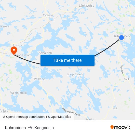 Kuhmoinen to Kangasala map