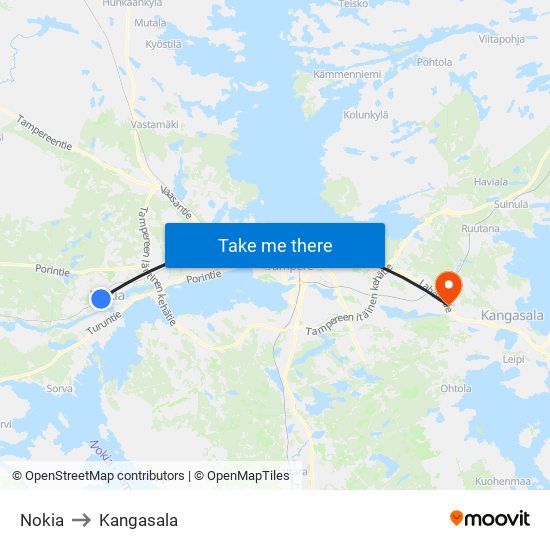 Nokia to Kangasala map