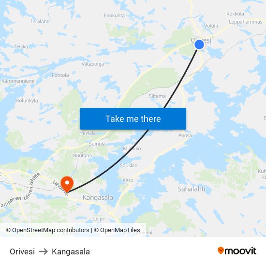 Orivesi to Kangasala map