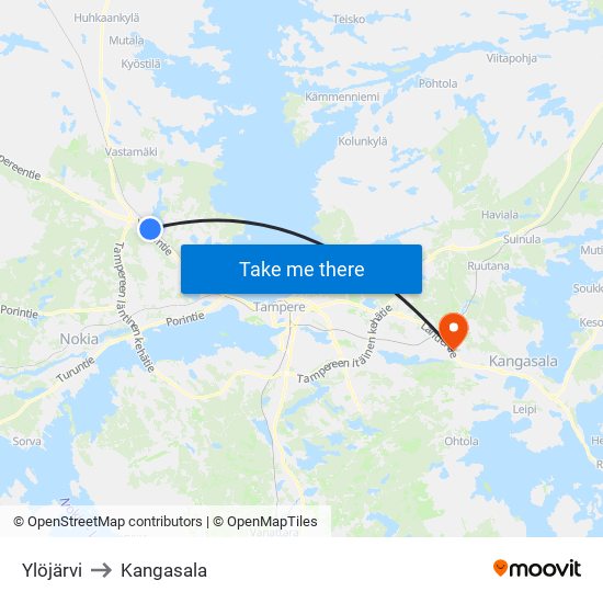 Ylöjärvi to Kangasala map